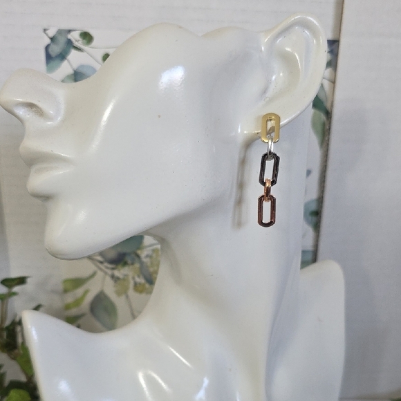Tricolor Gold Paperclip Chain Link Drop Dangle Earringd - Picture 3 of 8